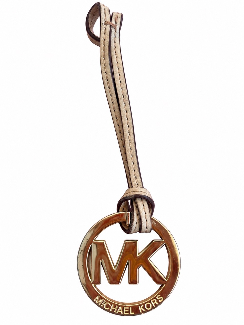 Michael Kors Beige Leather Strap Keychain with Gold MK Logo